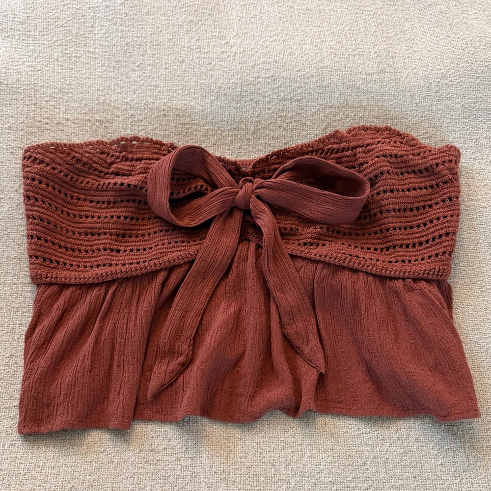 American Eagle Outfitters Rust-Colored Strapless Crochet Tie Top